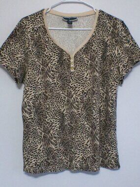 Karen Scott Animal Print Top Women’s XL Short Sleeve Henley Casual Blouse